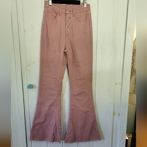 Mauve Pink Button Fly Flare High Rise Jean - Picture 1 of 11